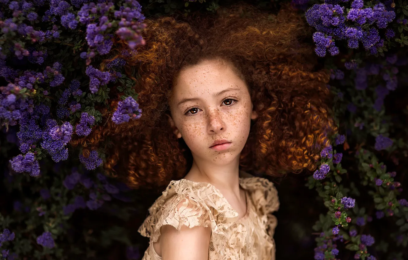 Photo wallpaper girl, freckles, curls, flowering, Paulina Stalij-Duczman