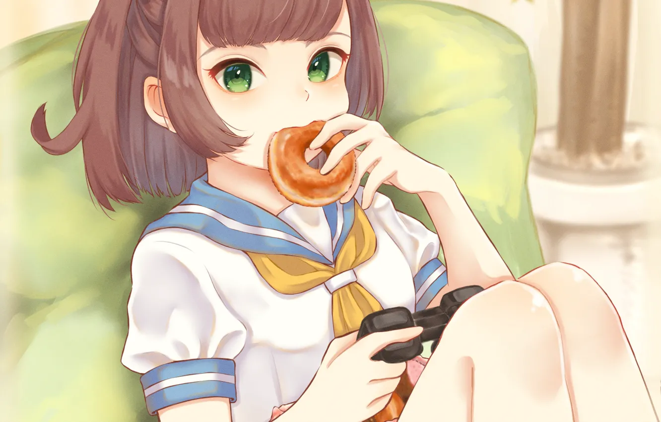 Photo wallpaper girl, donut, green eyes, hisataashikari