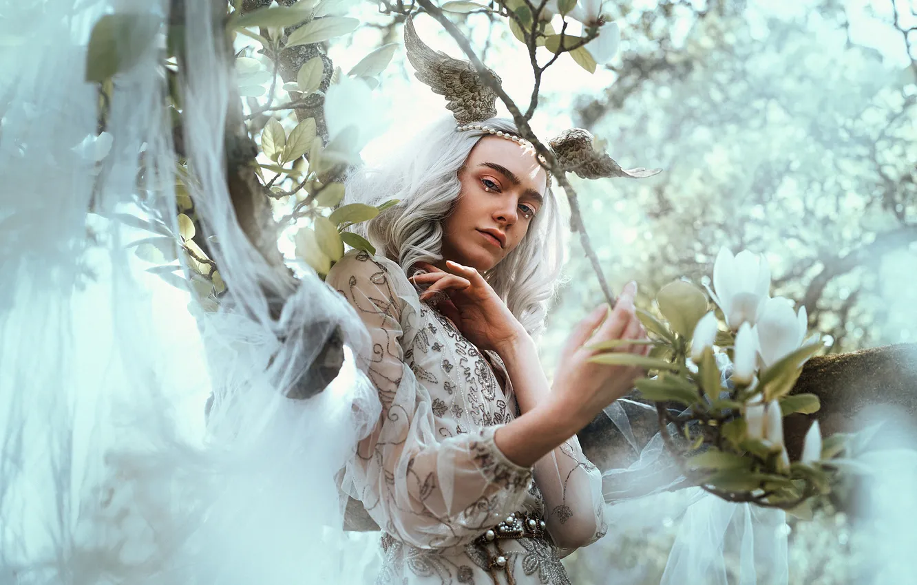 Photo wallpaper look, leaves, girl, decoration, trees, flowers, branches, nature