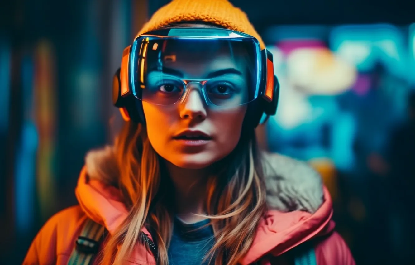 Photo wallpaper Girl, Headphones, Glasses, Hair, Digital art, AI art, The Art of Artificial Intelligence, Neural network