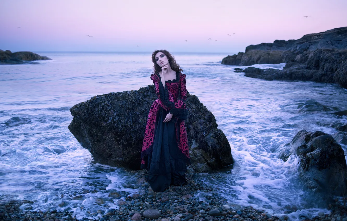 Photo wallpaper sea, girl, stones, mood, rocks, dress