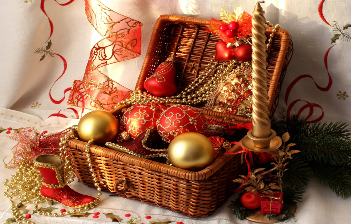 Photo wallpaper balls, candle, tape, beads, basket, red, boot, Christmas decorations