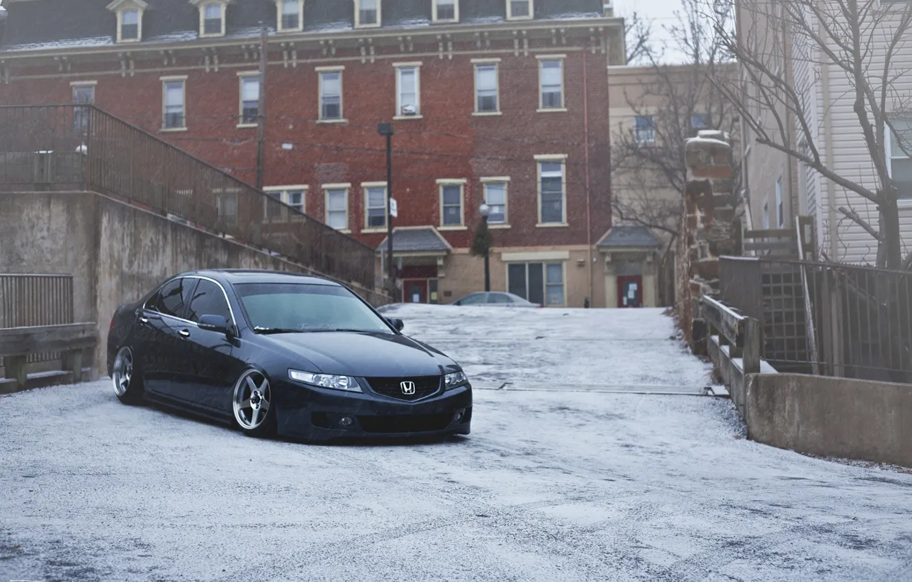 Photo wallpaper winter, snow, the city, honda, weather, accord, stance