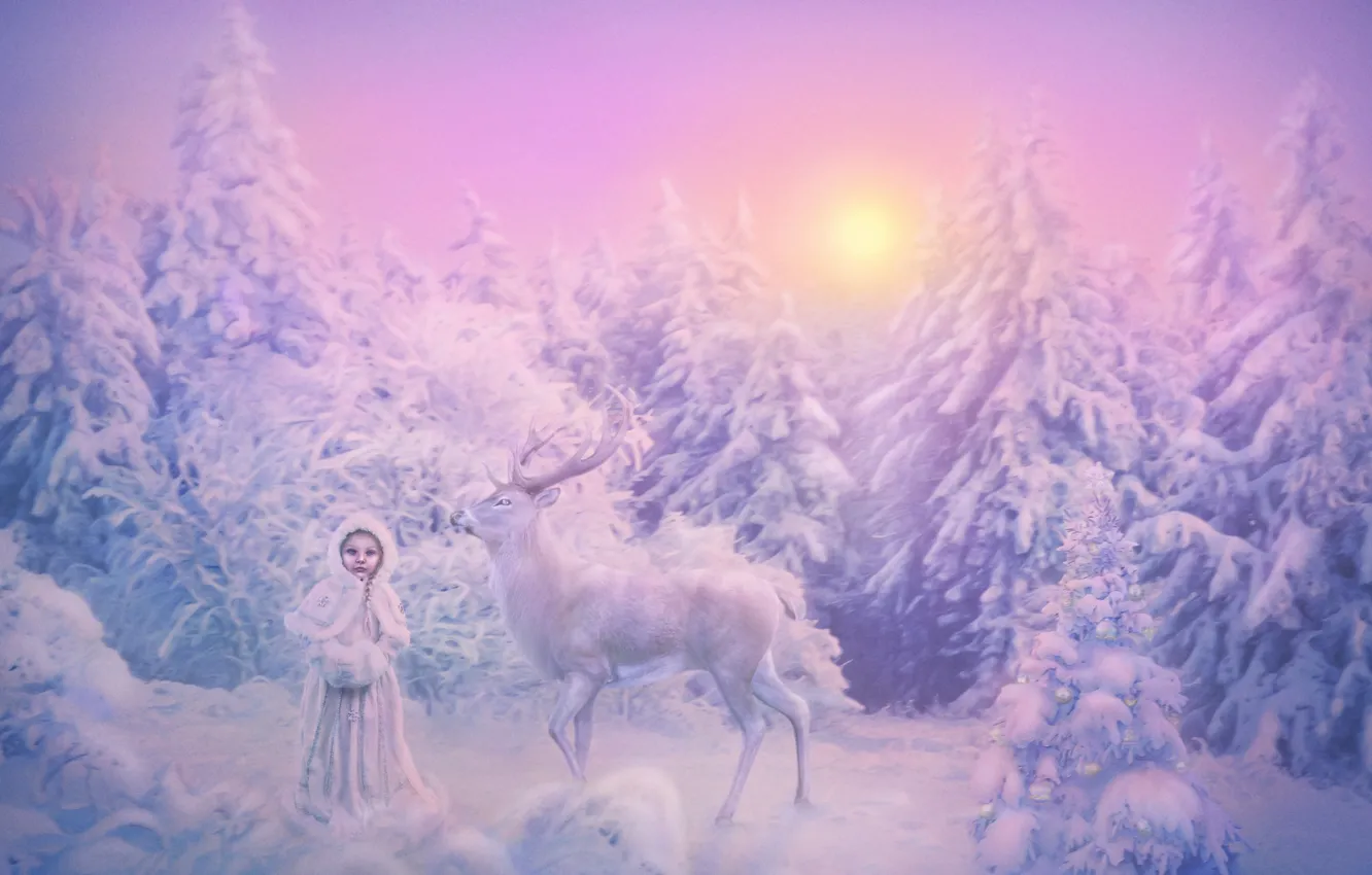 Photo wallpaper winter, forest, the sun, snow, toys, spruce, deer, frost