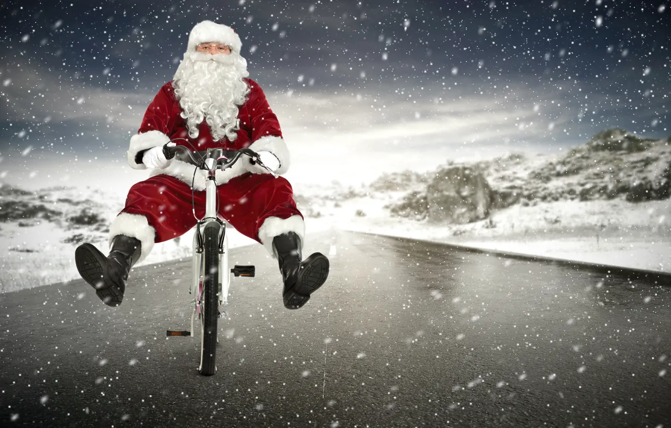 Photo wallpaper winter, road, snow, snowflakes, bike, holiday, hat, the situation