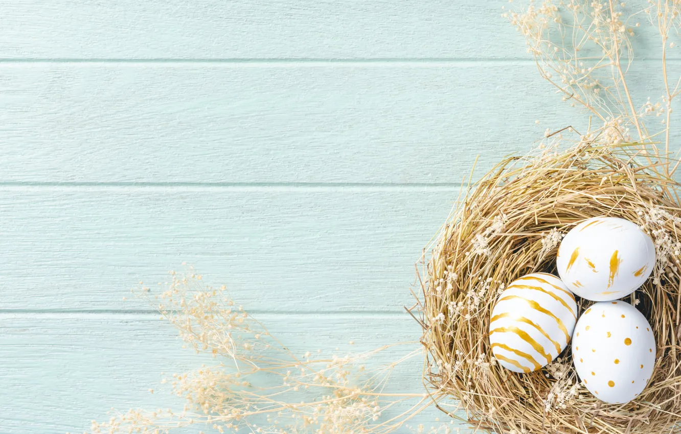 Photo wallpaper holiday, Board, eggs, spring, Easter, socket, straw, blue background