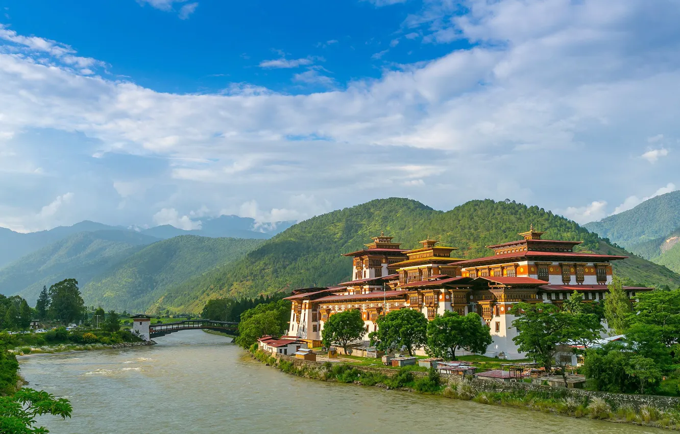 Photo wallpaper mountains, river, Asia, the monastery, Asia, Bhutan, Punakha