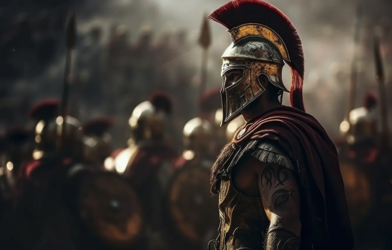 Photo wallpaper warrior, helmet, male, the Romans, digital art, AI art, The Art of Artificial Intelligence, Ancient …