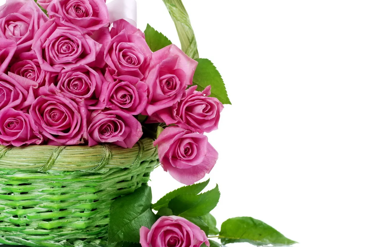 Photo wallpaper flowers, basket, roses, bouquet, pink, basket, beautiful