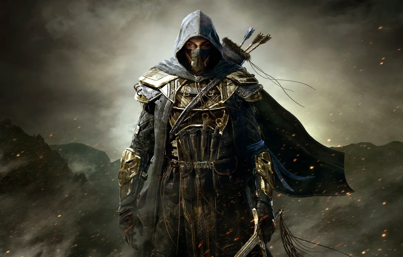 Photo wallpaper mountains, clouds, sword, warrior, hood, armor, arrows, killer
