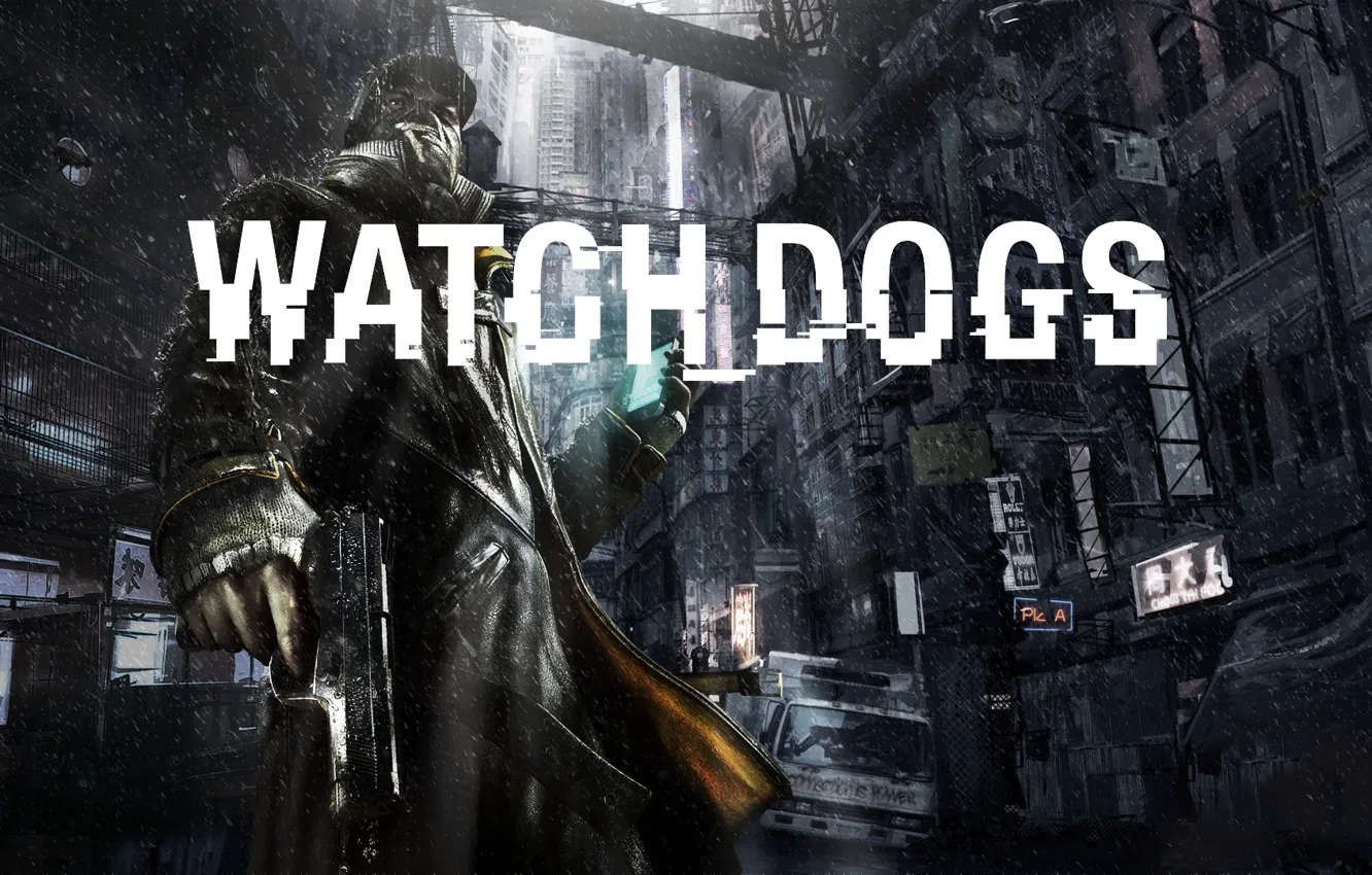 Photo wallpaper the city, gun, weapons, rain, male, Ubisoft, 2013, Watch Dogs