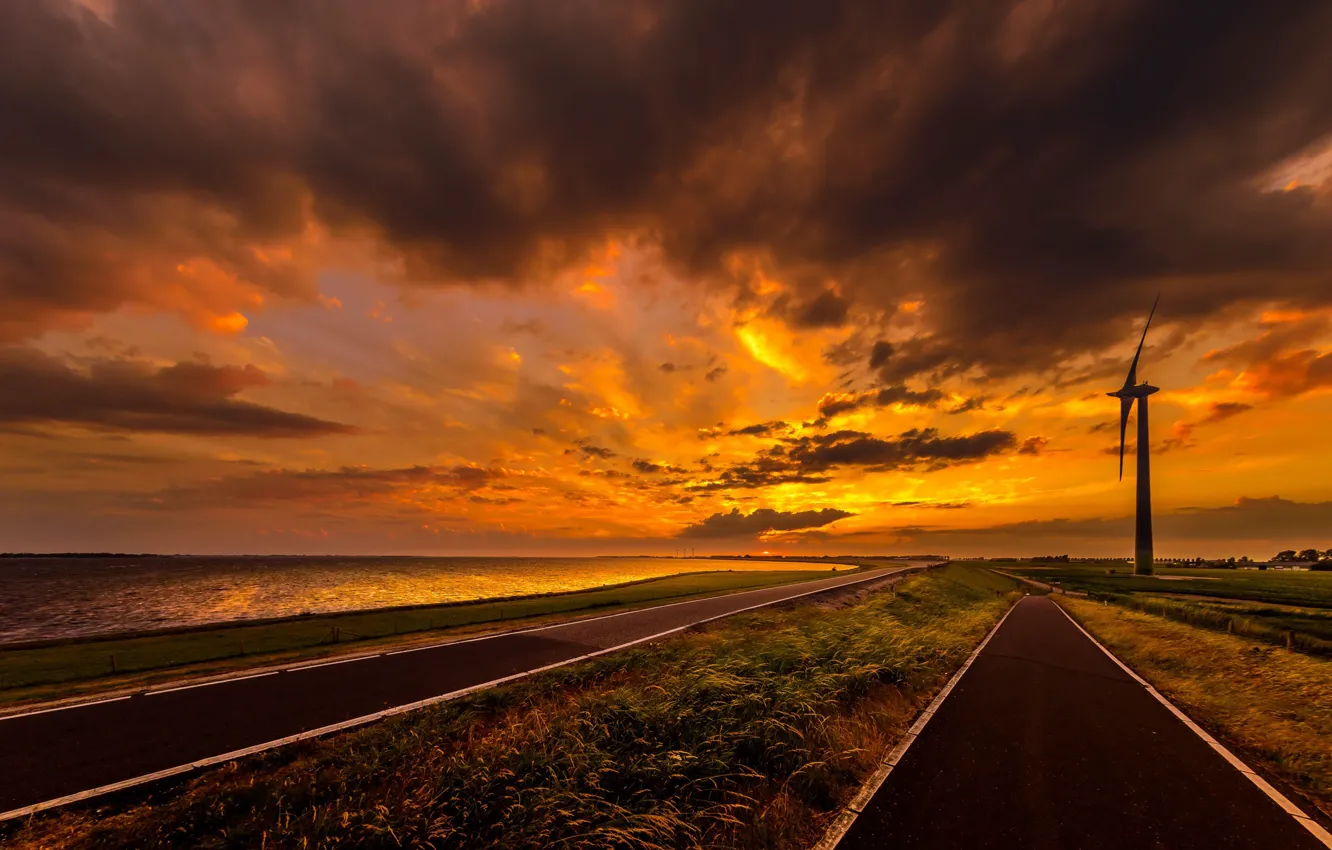 Photo wallpaper sea, sunset, windmills