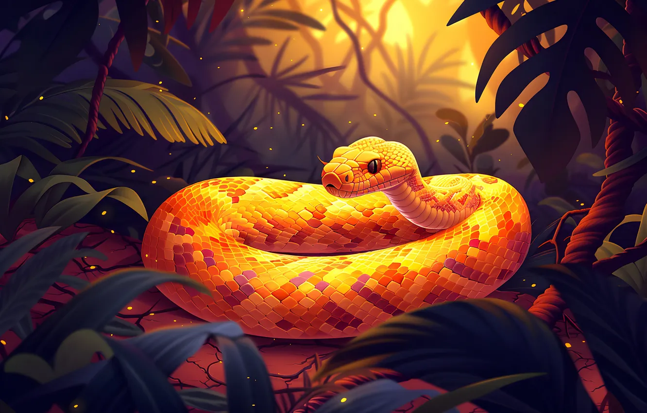 Photo wallpaper Look, Snake, Leaves, Face, Jungle, Art, Reptile, Animal