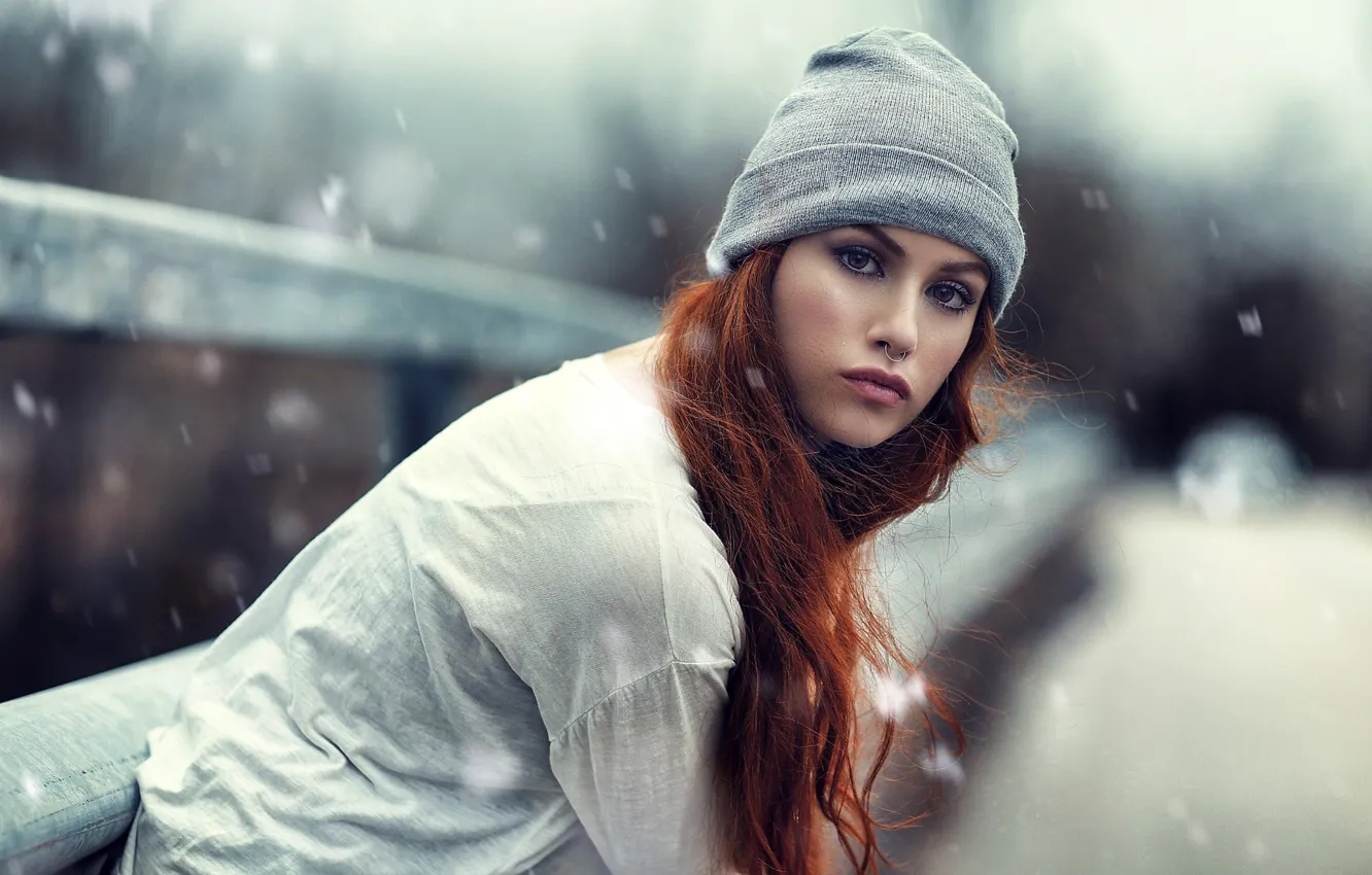 Photo wallpaper girl, long hair, brown eyes, photo, photographer, snow, model, lips