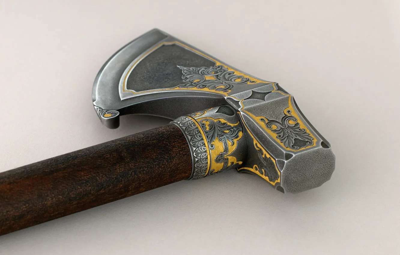 Photo wallpaper axe, metal, gun, weapon, wood, blade, medieval weapon, handmade