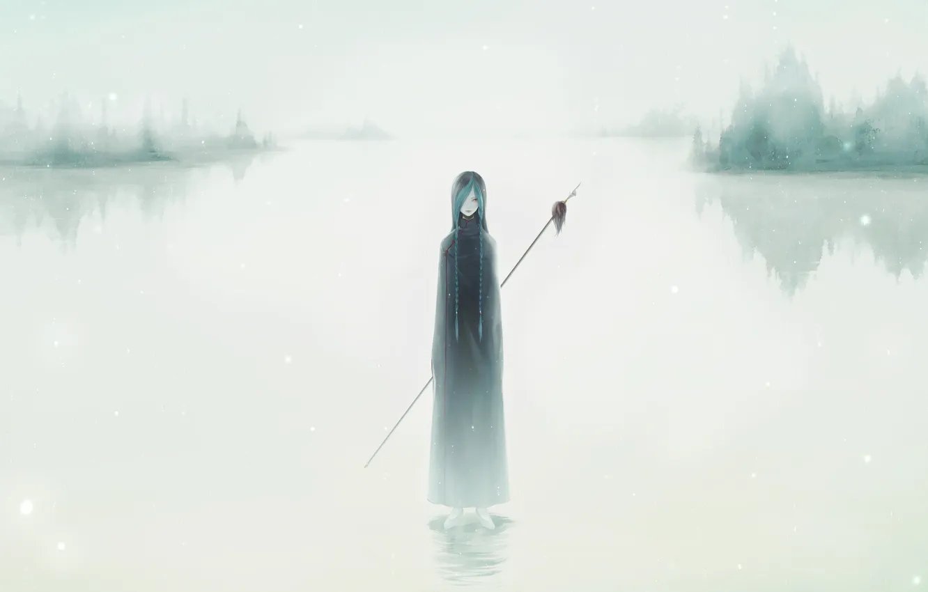 Photo wallpaper water, girl, fog, island, cloak