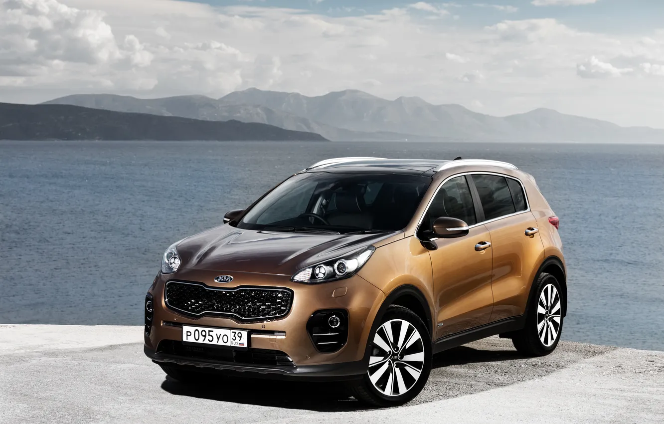 Photo wallpaper mountains, river, shore, Kia, Kia, crossover, Sportage, sportazh