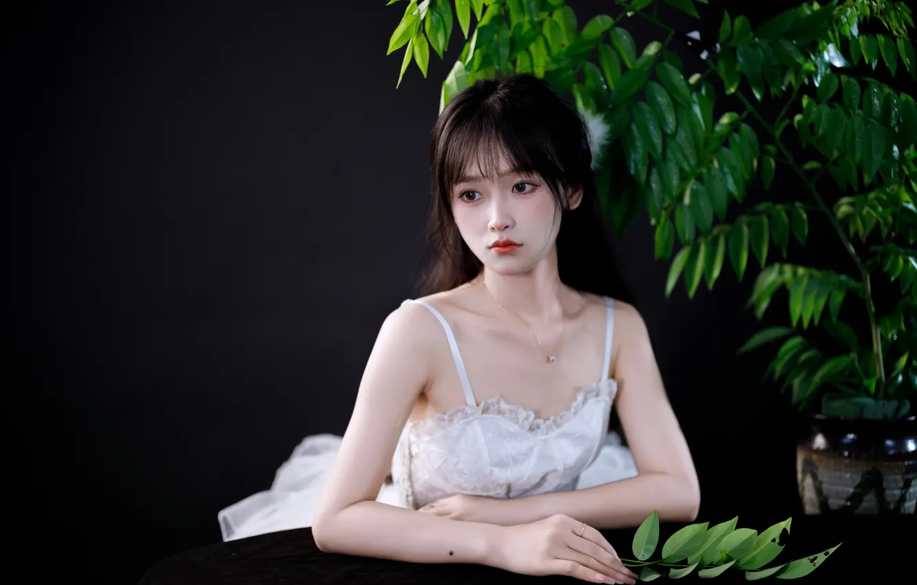 Photo wallpaper woman, beautiful, model, pretty, asian, plant, cute, table