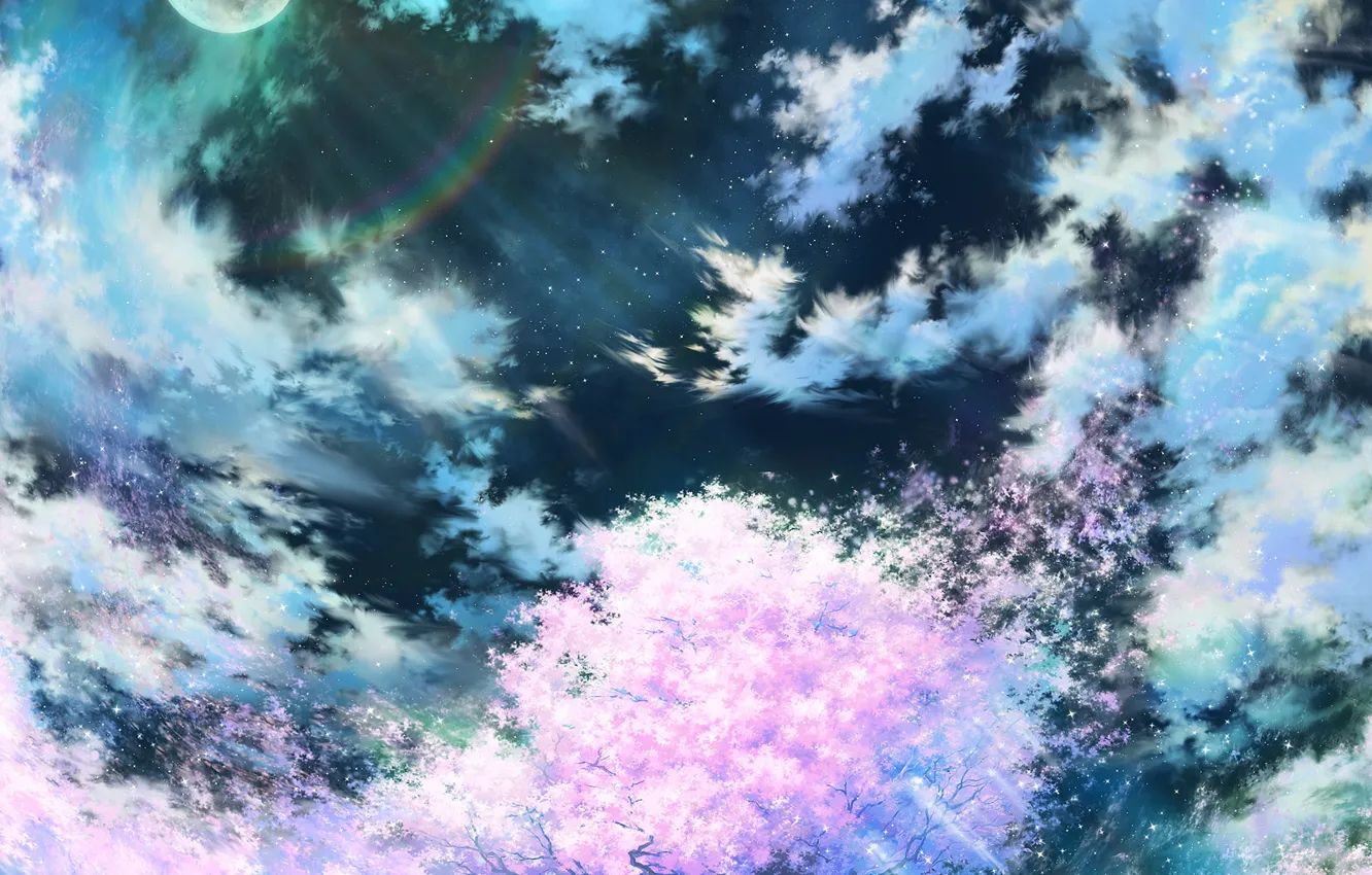 Photo wallpaper the sky, clouds, night, the moon, Sakura, blooming, Cherry blossom, night sky