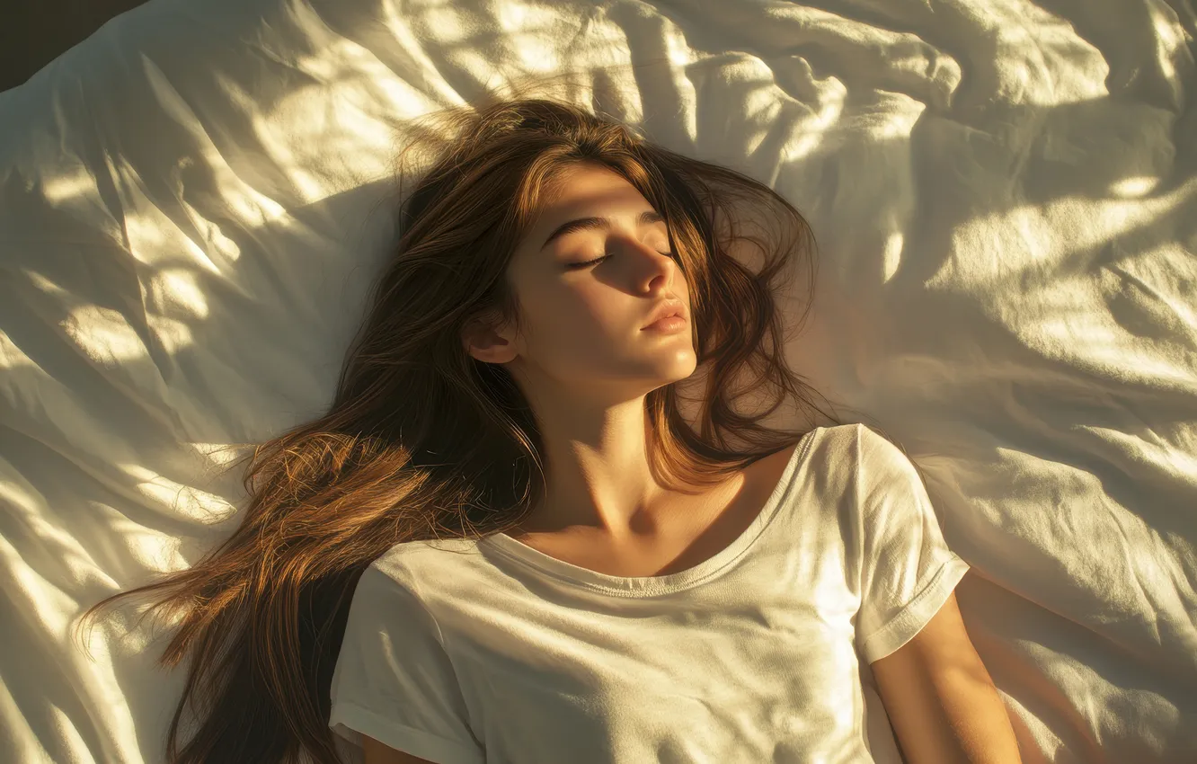 Photo wallpaper girl, light, face, sleep, shadow, morning, t-shirt, sleeping