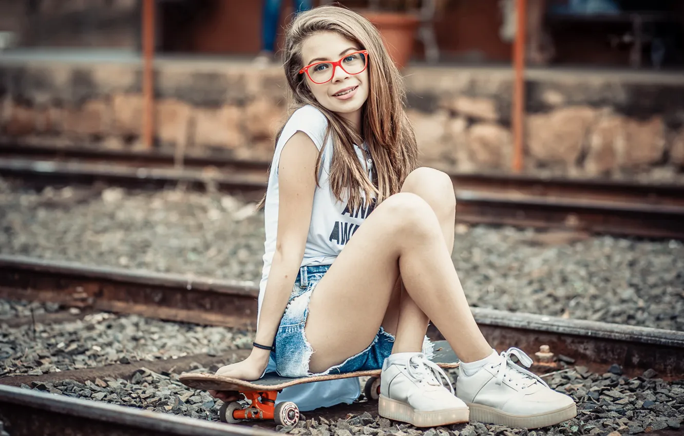 Photo wallpaper girl, railroad, Board