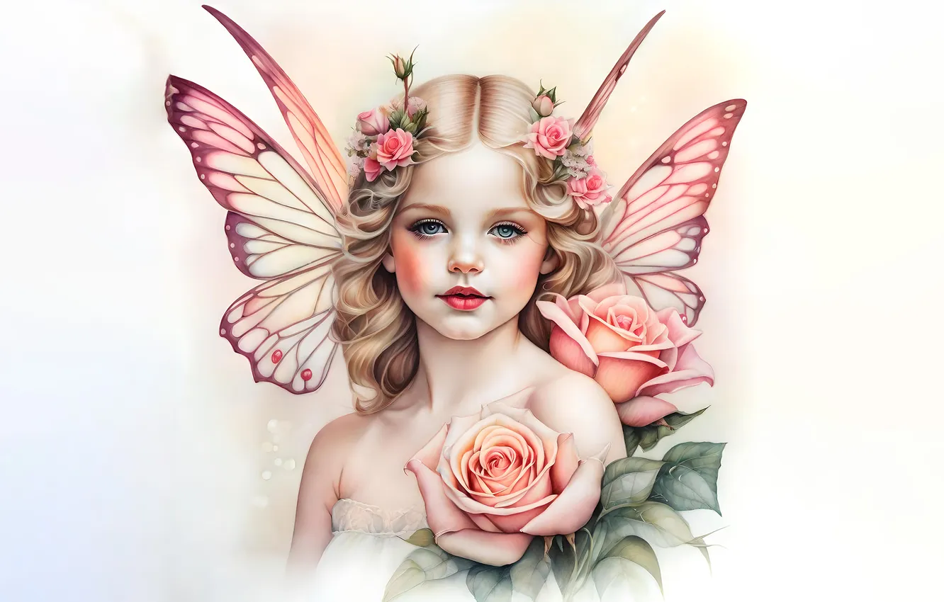 Photo wallpaper roses, fantasy, girl, the wings of a butterfly