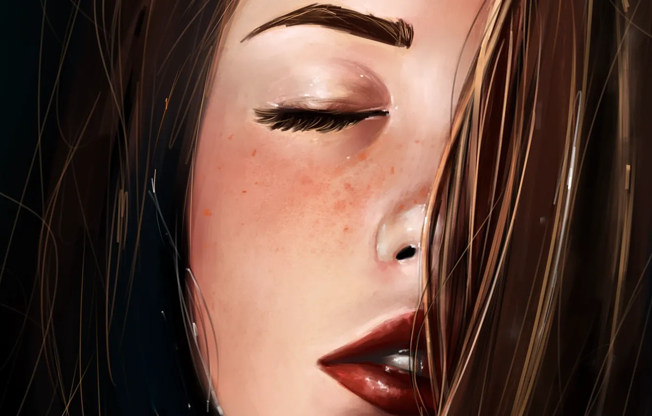Photo wallpaper face, hair, art, lips, freckles, painting, art, closeup