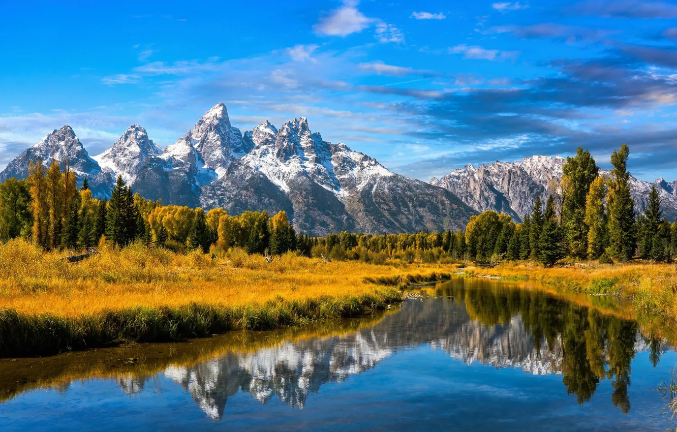 Photo wallpaper autumn, trees, mountains, reflection, river, Wyoming, Wyoming, Grand Teton National Park