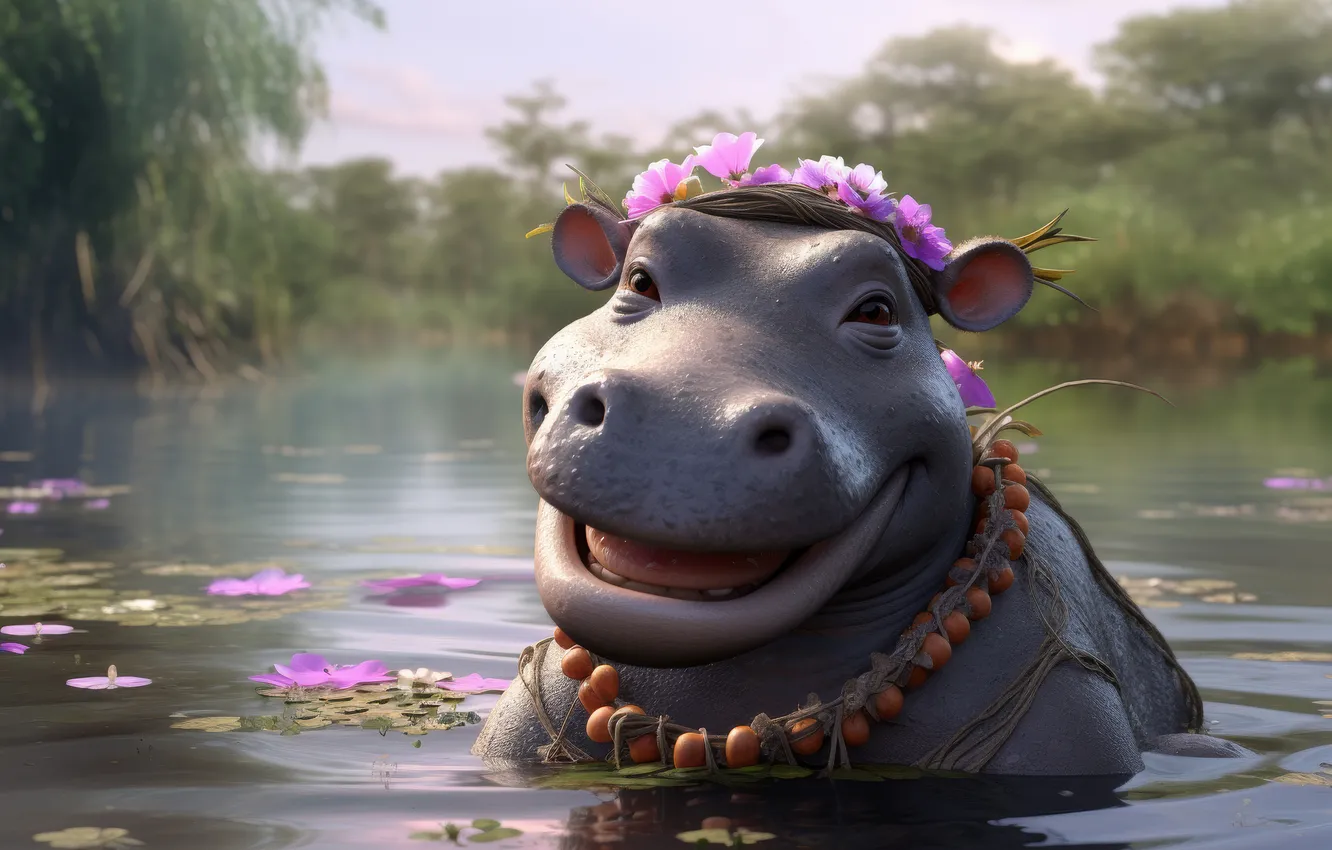 Photo wallpaper flowers, smile, bathing, Hippo, wreath, pond, Hippo, AI art