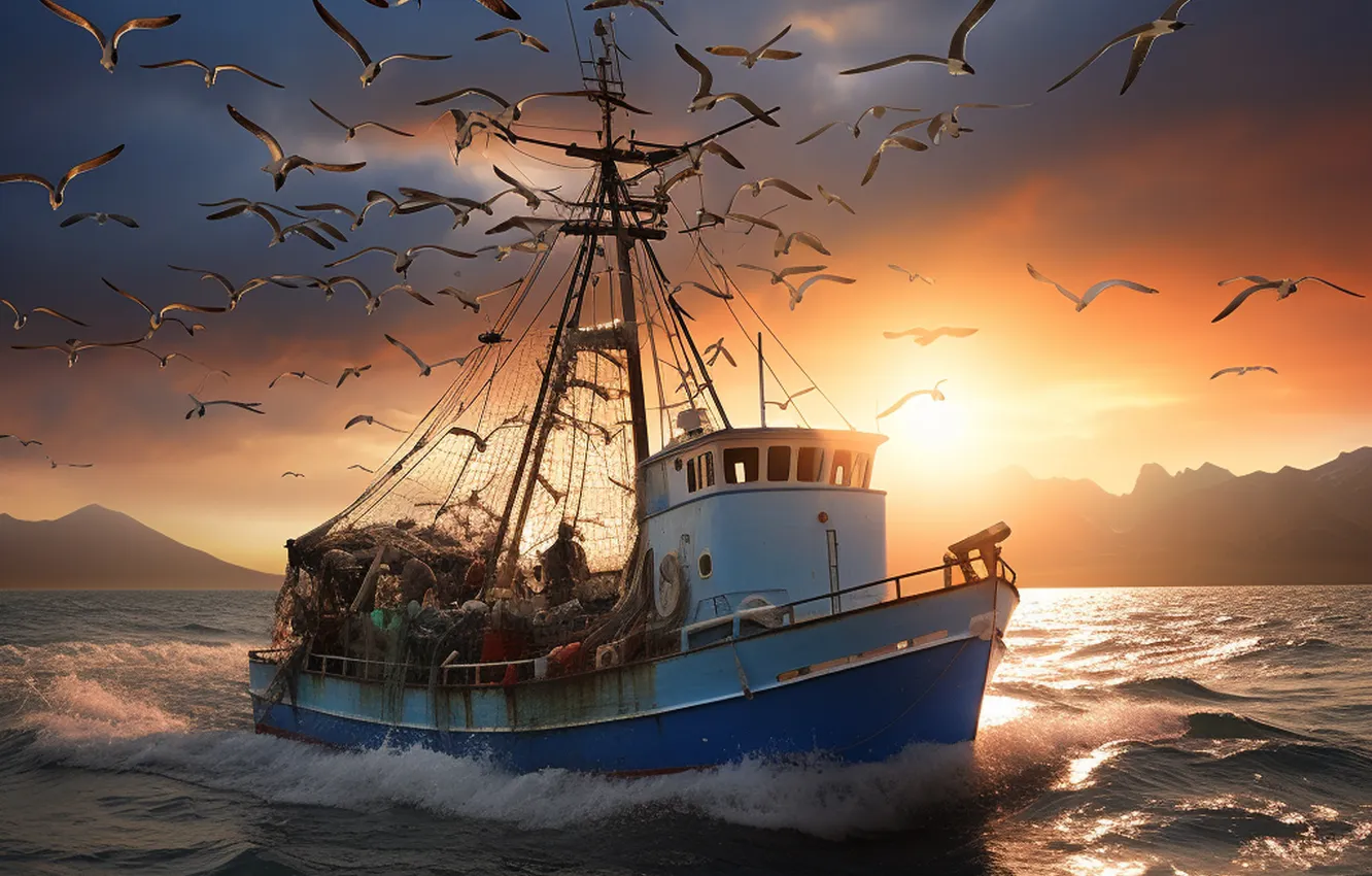 Photo wallpaper sea, dawn, ship, seagulls, digital art, AI art, The Art of Artificial Intelligence, neural network