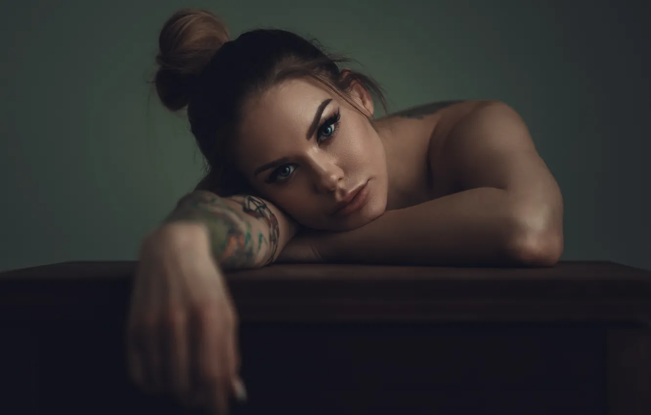 Photo wallpaper look, model, portrait, makeup, tattoo, hairstyle, brown hair, beautiful