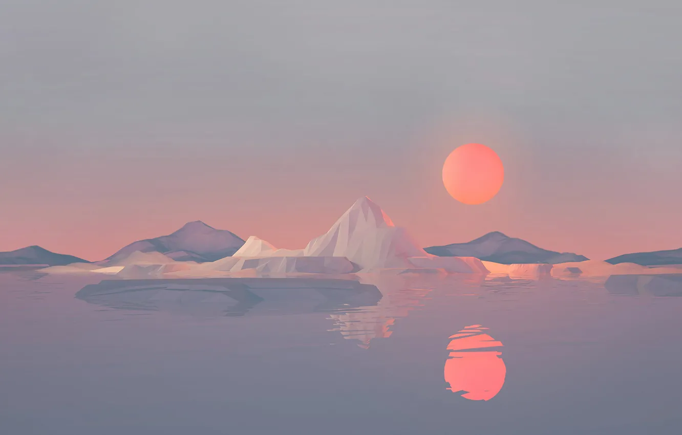 Photo wallpaper the sun, stars, mountains, minimalism, art, landscape, sun, low poly