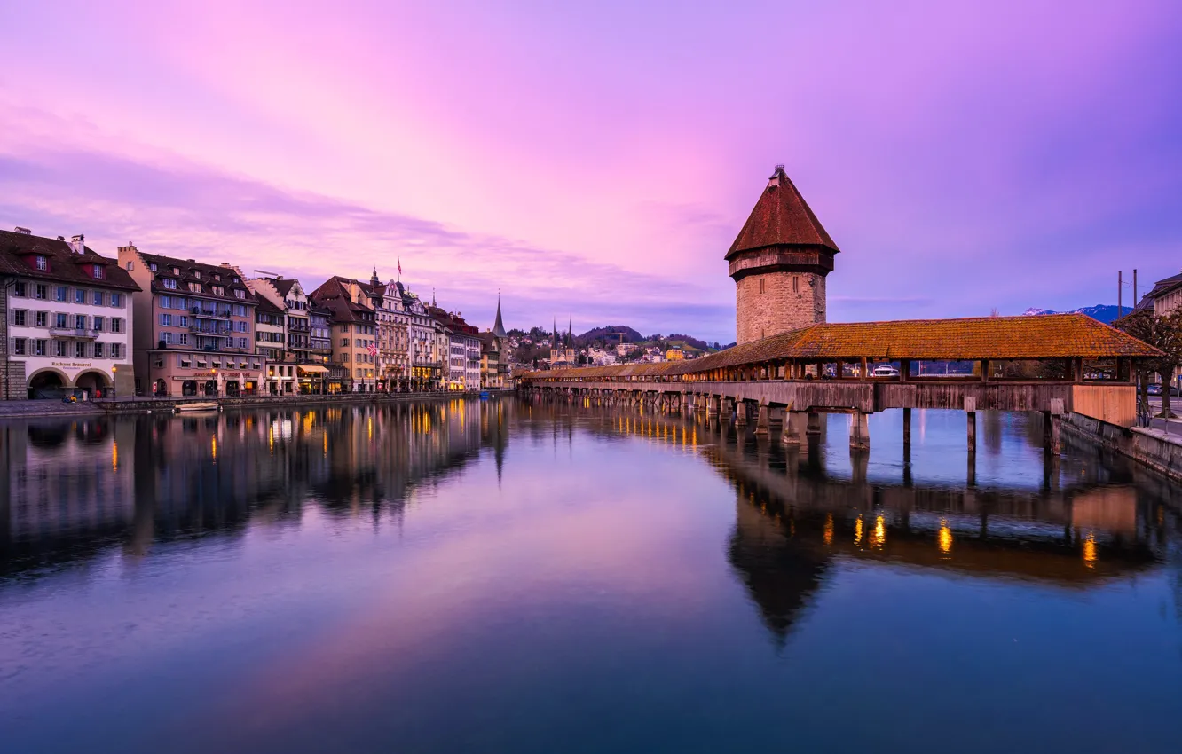 Photo wallpaper sunset, bridge, reflection, river, building, home, Switzerland, Switzerland