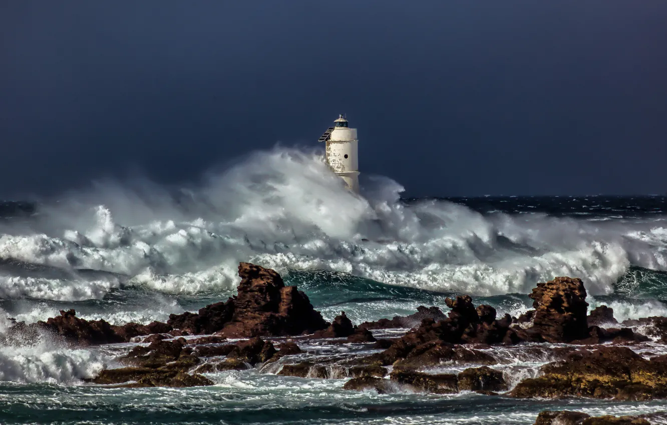 Photo wallpaper sea, wave, squirt, lighthouse, storm, the troubled sea, gray clouds