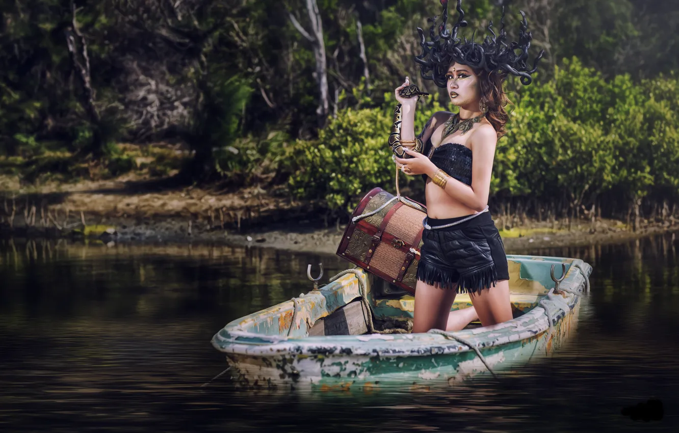 Photo wallpaper water, girl, style, model, boat, snake, the situation, Asian