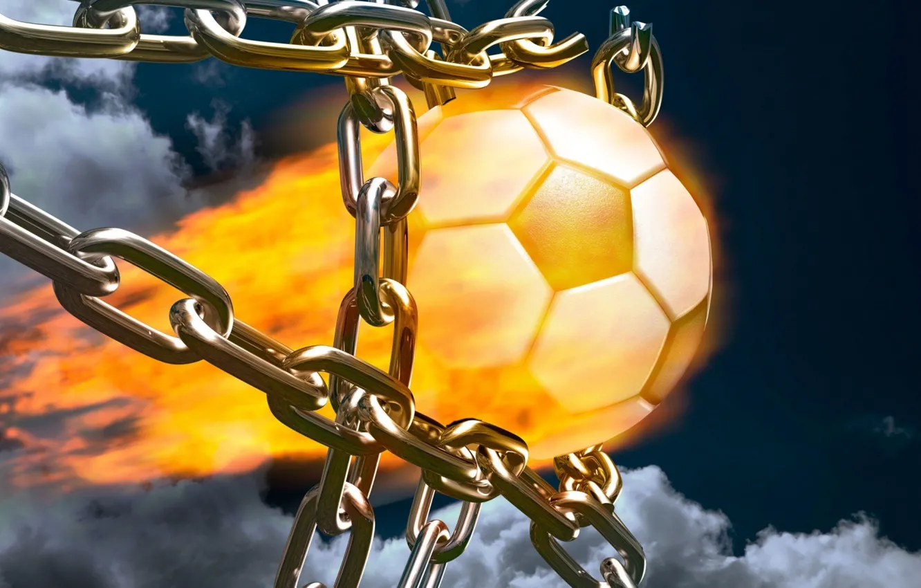 Photo wallpaper fire, football, sport, the ball, chain, goal