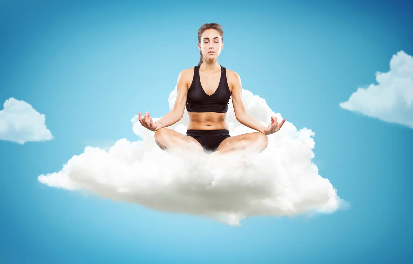 Photo wallpaper the sky, girl, clouds, pose, shorts, makeup, Mike, meditation