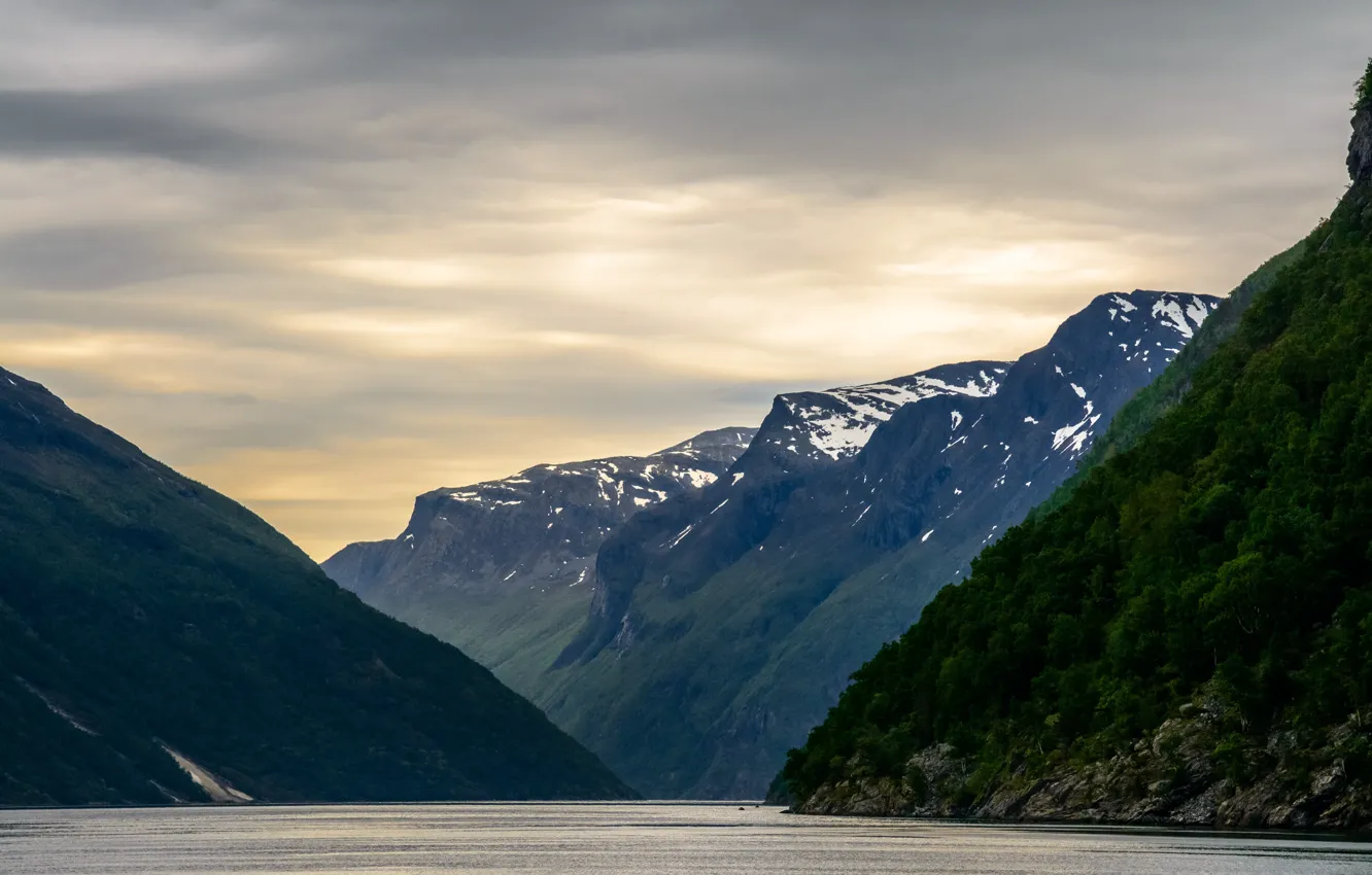 Photo wallpaper the sky, clouds, trees, mountains, nature, rocks, the fjord