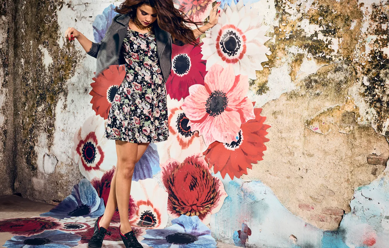 Photo wallpaper photoshoot, Selena Gomez, clothing collection Neo, brand Adidas