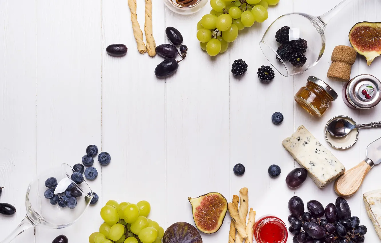 Photo wallpaper glass, cheese, grapes, BlackBerry, jam, blueberries, figs