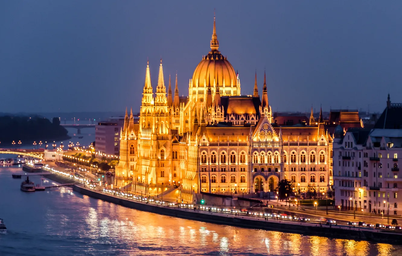 Photo wallpaper night, the city, river, building, home, lighting, Parliament, Hungary