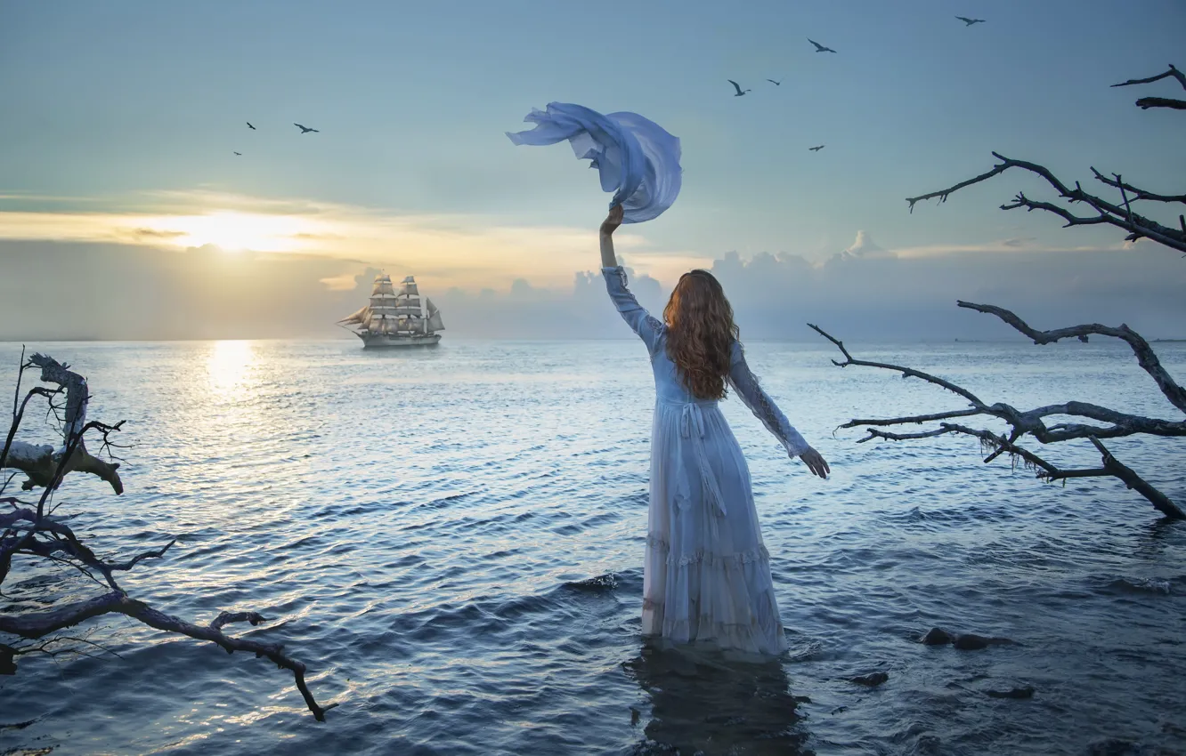 Photo wallpaper sea, girl, sunset, ship