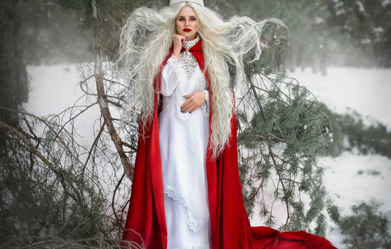 Photo wallpaper winter, forest, girl, snow, decoration, branches, woman, makeup