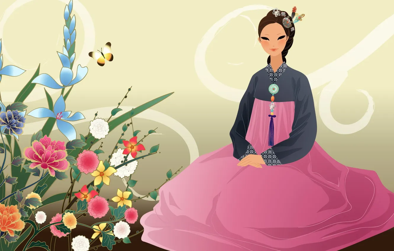 Photo wallpaper girl, flowers, butterfly, art, Asian, hanbok