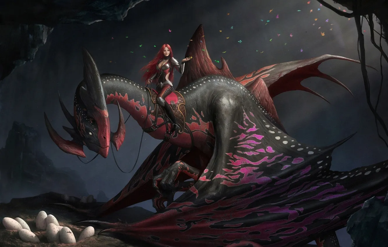 Photo wallpaper girl, dragon, eggs, rider, art, lizard, cave