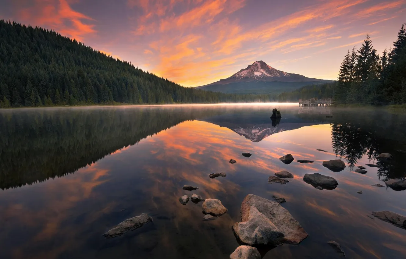 Photo wallpaper forest, water, landscape, mountains, lake, reflection, stones, dawn