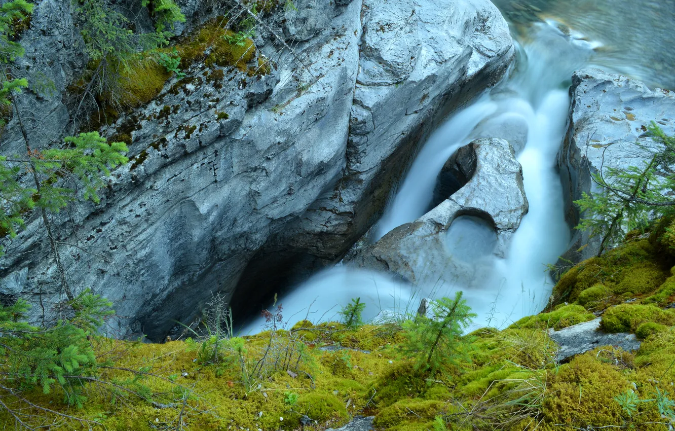 Photo wallpaper water, mountains, rocks, waterfall, stream