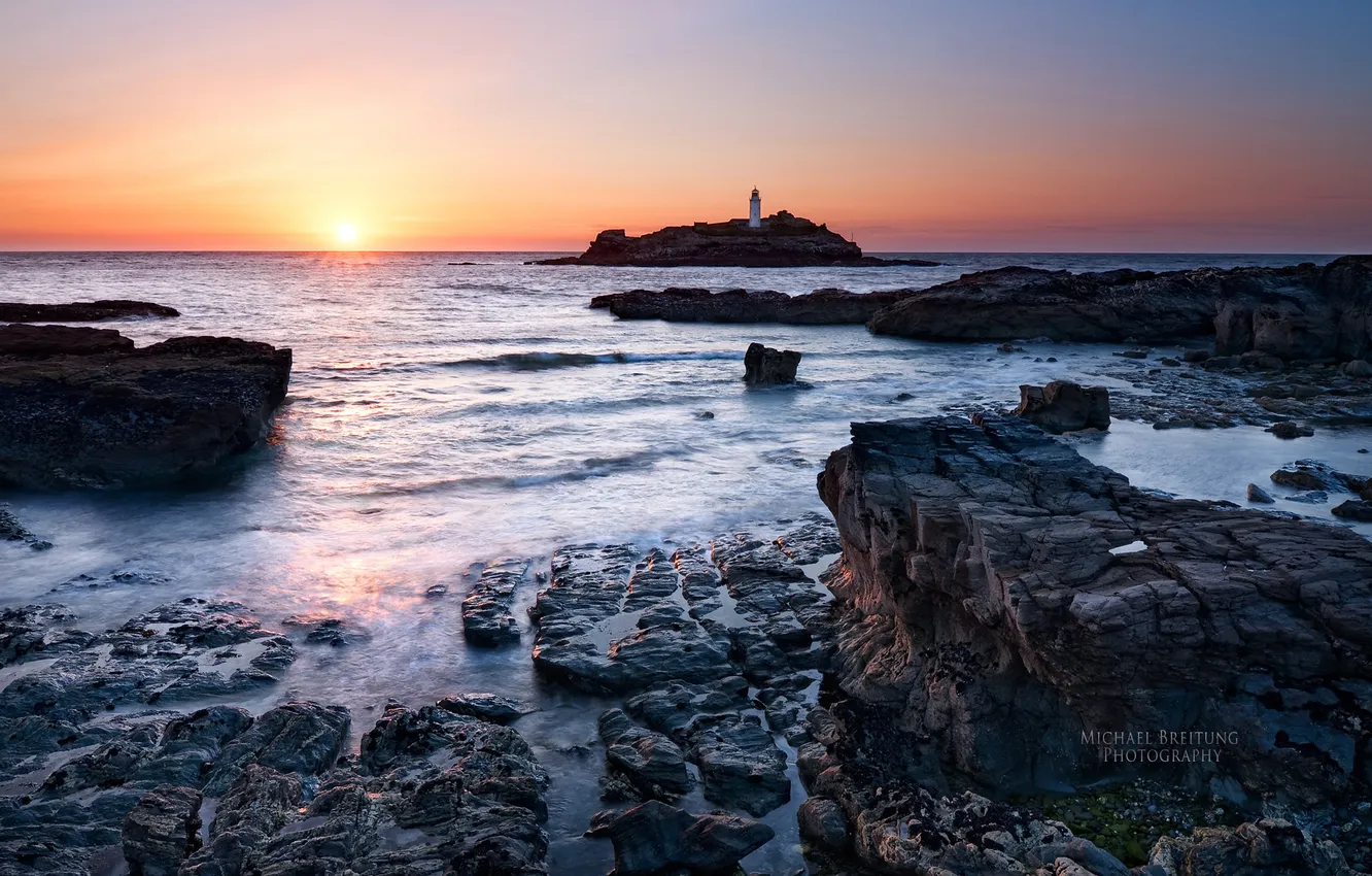 Photo wallpaper sea, the sun, sunset, lighthouse, England, the evening, Michael Breitung