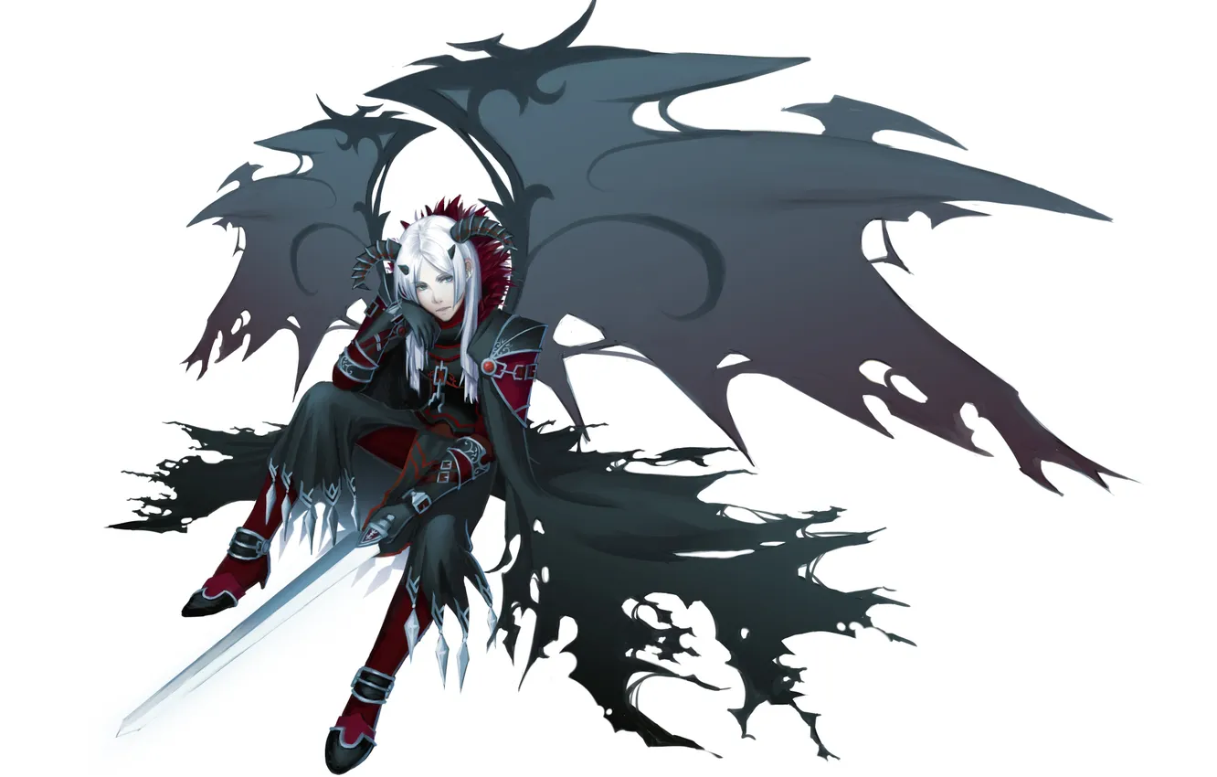 Photo wallpaper sword, chain, horns, gloves, guy, white hair