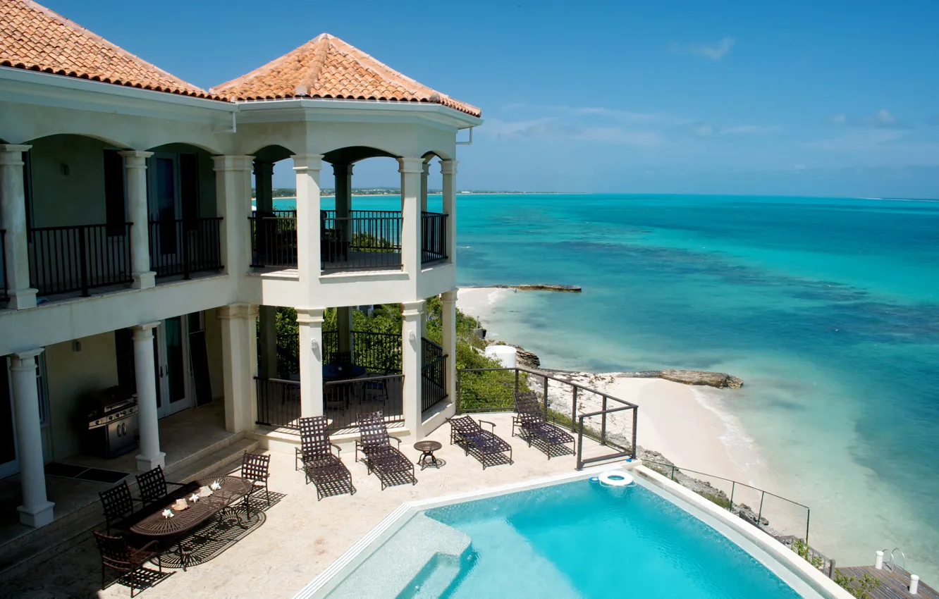 Photo wallpaper Villa, pool, columns, architecture, terrace, by the ocean